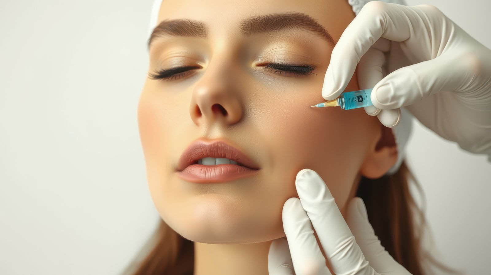 A woman receives a facial injection from a medical professional